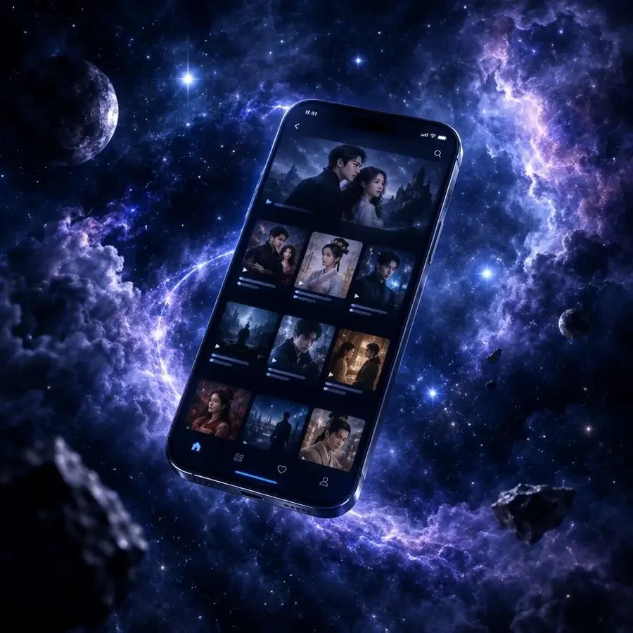 夸克短剧 APP 客户端 夸克短剧 APP 在星云中悬浮的手机界面展示