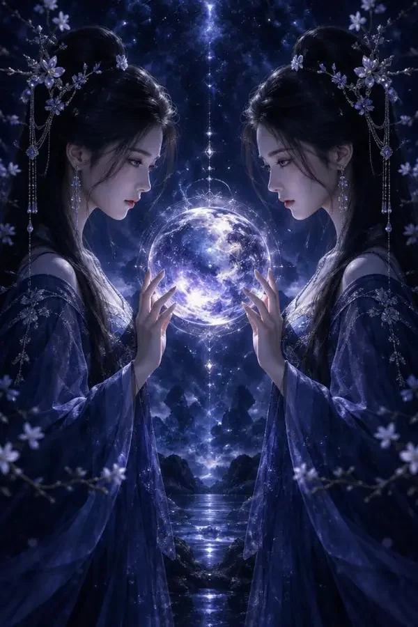 双子星 - 夸克短剧在线观看 双子星短剧封面:发光球体两侧的镜像双生